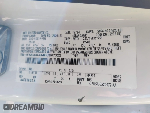 2015 Ford Escape Titanium with VIN 1FMCU0JX4FUB07322, listed as a IAAI auction lot 42220345 with 184,852 mi miles and . Bid and sale history available at DreamBid. Image 9.