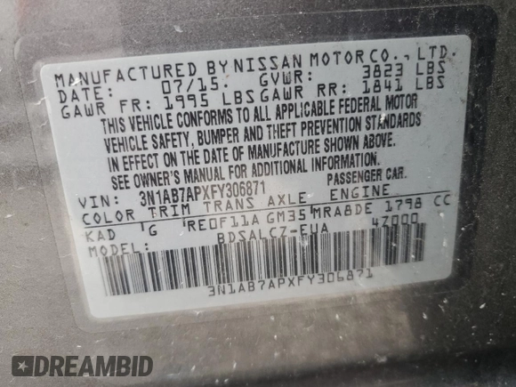 2015 Nissan Sentra SV with VIN 3N1AB7APXFY306871, listed as a Copart auction lot 51761075 with 94,150 mi miles and Clean Title. Bid and sale history available at carsss.com. Image 12.