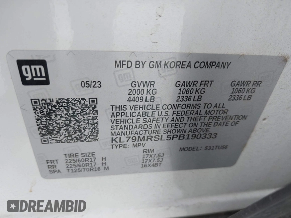 2023 Chevrolet TrailBlazer LT with VIN KL79MRSL5PB190333, listed as a IAAI auction lot 42040673 with 43,209 mi miles and . Bid and sale history available at DreamBid. Image 9.