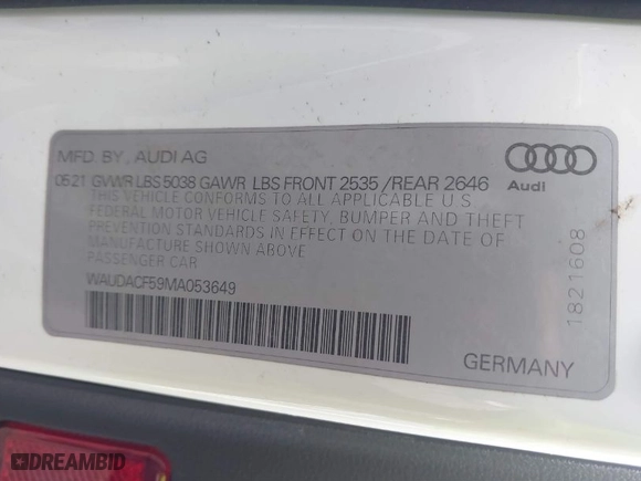 2021 Audi A5 Sportback S line Premium with VIN WAUDACF59MA053649, listed as a IAAI auction lot 41708092 with 56,936 mi miles. Bid and sale history available at carsss.com. Image 9.