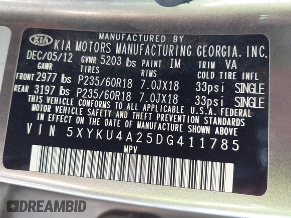 2013 Kia Sorento EX with VIN 5XYKU4A25DG411785, listed as a IAAI auction lot 42204291 with 203,501 mi miles and . Bid and sale history available at carsss.com. Image 9.