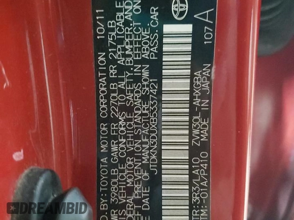 2011 Toyota Prius I with VIN JTDKN3DUXB5337421, listed as a Copart auction lot 52974565 with 167,715 mi miles and Salvage Title. Bid and sale history available at DreamBid. Image 12.