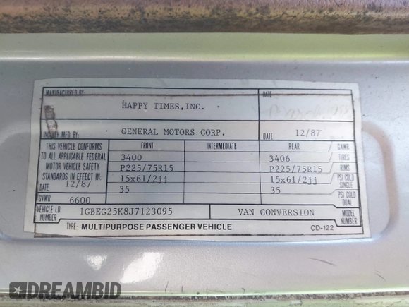 1988 Chevrolet Chevy Van z VIN 1GBEG25K8J7123095, wystawiony jako IAAI lot #42355125 z przebiegiem 92 496 mil mil oraz . Historia ofert i sprzedaży dostępna na DreamBid. Obrazek 9.