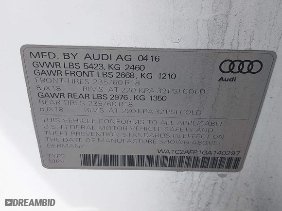 2016 Audi Q5 Premium with VIN WA1C2AFP1GA140297, listed as a IAAI auction lot 41374004 with 104,196 mi miles. Bid and sale history available at carsss.com. Image 9.