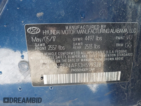 2018 Hyundai Sonata SE with VIN 5NPE24AF3JH599328, listed as a IAAI auction lot 41855551 with 177,255 mi miles and . Bid and sale history available at carsss.com. Image 9.