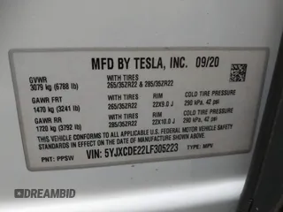 2020 Tesla Model X Long Range with VIN 5YJXCDE22LF305223, listed as a IAAI auction lot 41989862 with 48,309 mi miles. Bid and sale history available at carsss.com. Image 9.