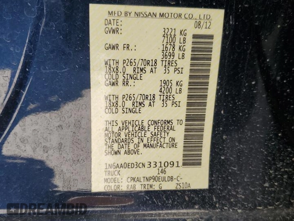 2012 Nissan Titan SV with VIN 1N6AA0ED3CN331091, listed as a Copart auction lot 57805625 with 106,693 mi miles and Salvage title. Bid and sale history available at DreamBid. Image 13.