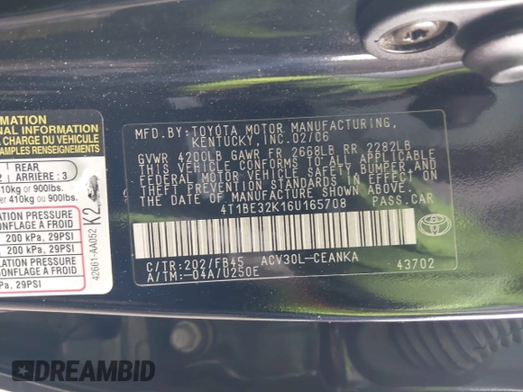 2006 Toyota Camry STD with VIN 4T1BE32K16U165708, listed as a IAAI auction lot 42138137 with 156,438 mi miles and . Bid and sale history available at DreamBid. Image 9.