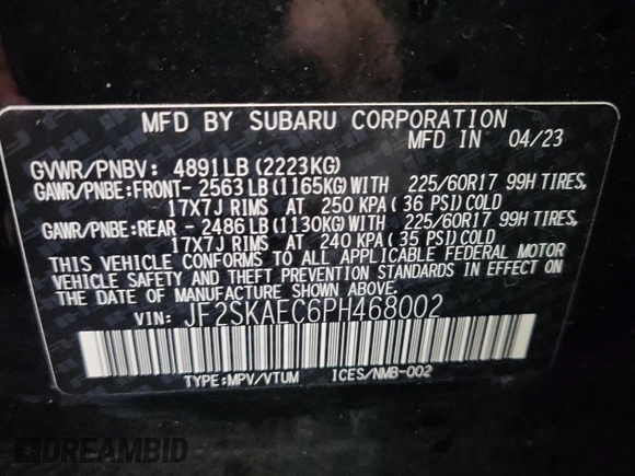 2023 Subaru Forester Premium z VIN JF2SKAEC6PH468002, wystawiony jako IAAI lot #42547222 z przebiegiem 73 121 mil mil oraz . Historia ofert i sprzedaży dostępna na DreamBid. Obrazek 15.