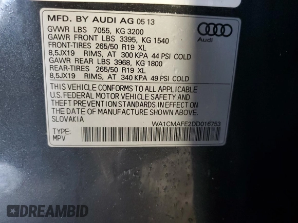 2013 Audi Q7 Premium with VIN WA1CMAFE2DD016753, listed as a Copart auction lot 58068365 with 172,592 mi miles and Clean title. Bid and sale history available at DreamBid. Image 13.
