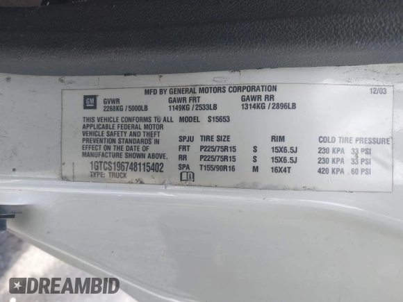 2004 GMC Canyon SLE Z85 with VIN 1GTCS196748115402, listed as a IAAI auction lot 41935583 with 172,093 mi miles. Bid and sale history available at carsss.com. Image 9.