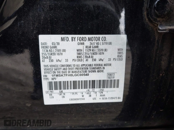 2020 Ford Explorer Limited with VIN 1FMSK7FH0LGC00540, listed as a IAAI auction lot 41734640 with 96,174 mi miles and . Bid and sale history available at DreamBid. Image 9.