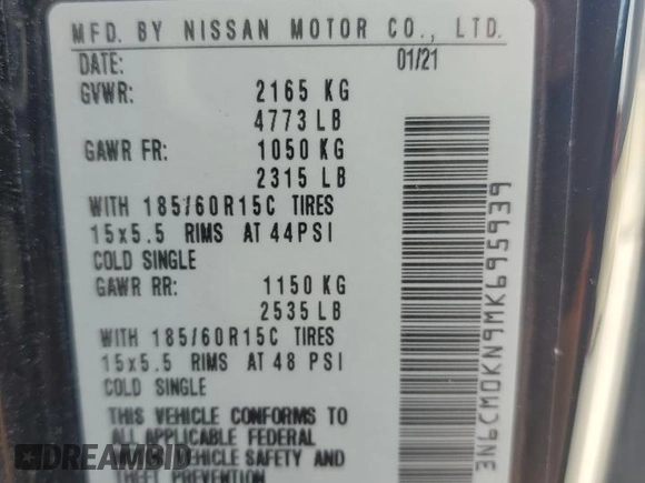 2021 Nissan NV200 SV with VIN 3N6CM0KN9MK695939, listed as a Copart auction lot 52696025 with 65,639 mi miles and Salvage title. Bid and sale history available at DreamBid. Image 14.