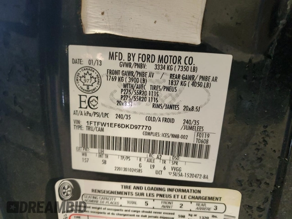2013 Ford F-150 XL with VIN 1FTFW1EF6DKD97770, listed as a Copart auction lot 60422365 with 178,788 mi miles and Non repairable. Bid and sale history available at DreamBid. Image 12.