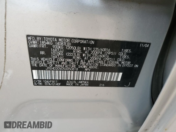 2005 Toyota RAV4 with VIN JTEHD20V050050818, listed as a Copart auction lot 53659335 with 174,207 mi miles and Clean Title. Bid and sale history available at carsss.com. Image 13.