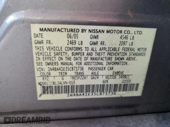 2005 Nissan Maxima SL with VIN 1N4BA41E35C871736, listed as a Copart auction lot 53747835 with 114,523 mi miles and Non repairable. Bid and sale history available at DreamBid. Image 13.
