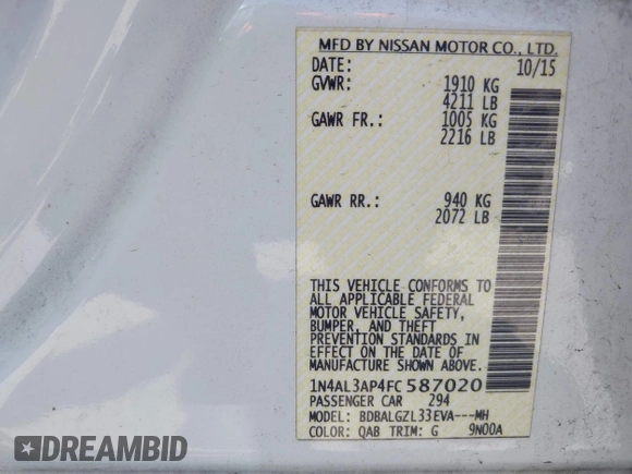 2015 Nissan Altima 2.5 S with VIN 1N4AL3AP4FC587020, listed as a IAAI auction lot 41886218 with 169,368 mi miles. Bid and sale history available at carsss.com. Image 9.
