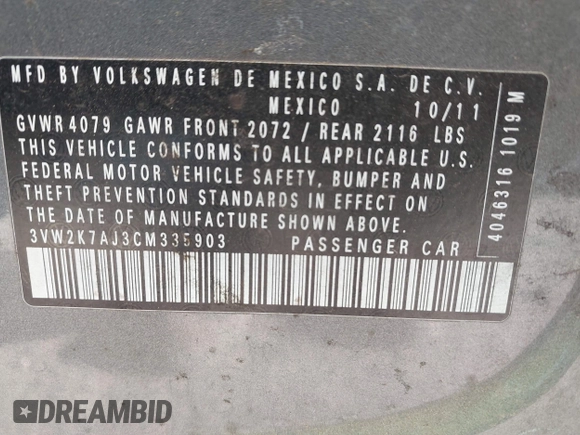 2012 Volkswagen Jetta S с VIN 3VW2K7AJ3CM335903, выставлен на аукционе IAAI как лот 42248250 с пробегом 142 826 миль миль и . История ставок и продаж доступна на DreamBid. Изображение 9.