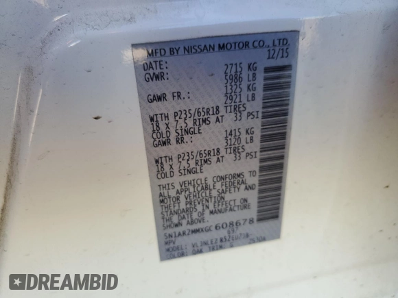 2016 Nissan Pathfinder SL with VIN 5N1AR2MMXGC608678, listed as a Copart auction lot 58005545 with 154,595 mi miles and Salvage title. Bid and sale history available at DreamBid. Image 12.
