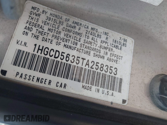 1996 Honda Accord LX with VIN 1HGCD5635TA258353, listed as a IAAI auction lot 41963481 with 215,926 mi miles and . Bid and sale history available at carsss.com. Image 9.