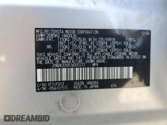 2007 Toyota RAV4 Sport with VIN JTMZK32VX76005273, listed as a Copart auction lot 60243485 with 175,235 mi miles and Salvage title. Bid and sale history available at DreamBid. Image 12.