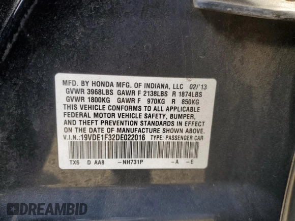 2013 Acura ILX with VIN 19VDE1F32DE022016, listed as a Copart auction lot 41455135 with 131,054 mi miles and Salvage Title. Bid and sale history available at carsss.com. Image 13.