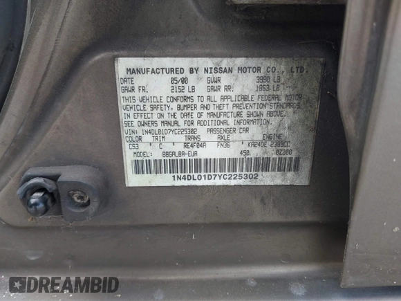 2000 Nissan Altima XE with VIN 1N4DL01D7YC225302, listed as a IAAI auction lot 41330789 with Not Provided miles and . Bid and sale history available at DreamBid. Image 9.