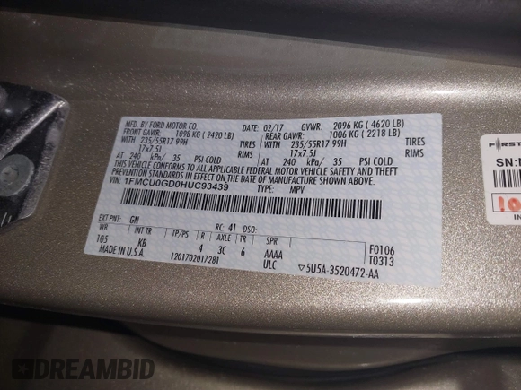2017 Ford Escape SE z VIN 1FMCU0GD0HUC93439, wystawiony jako IAAI lot #41447523 z przebiegiem 94 776 mil mil oraz . Historia ofert i sprzedaży dostępna na DreamBid. Obrazek 9.