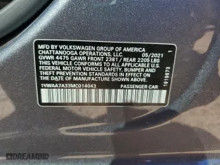 2021 Volkswagen Passat 2.0T S with VIN 1VWAA7A33MC014043, listed as a Copart auction lot 50172675 with 54,618 mi miles and Salvage Title. Bid and sale history available at carsss.com. Image 14.