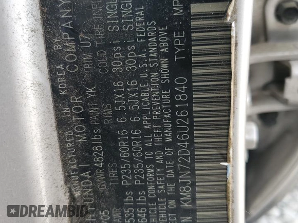 2006 Hyundai Tucson GLS with VIN KM8JN72D46U261840, listed as a Copart auction lot 60743025 with 155,077 mi miles and Salvage title. Bid and sale history available at DreamBid. Image 13.