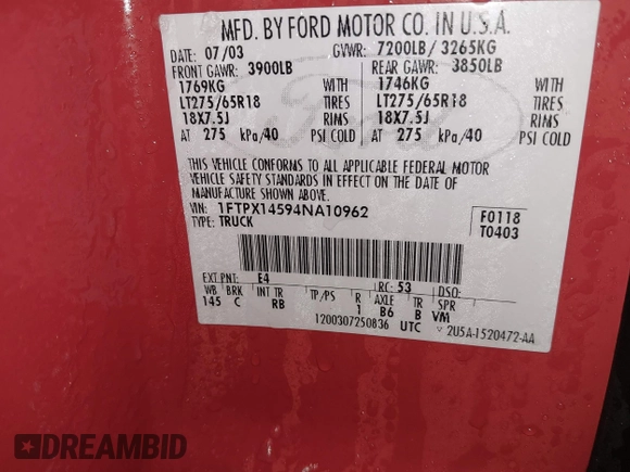 2004 Ford F-150 XLT with VIN 1FTPX14594NA10962, listed as a IAAI auction lot 41387276 with 200,620 mi miles and . Bid and sale history available at carsss.com. Image 9.