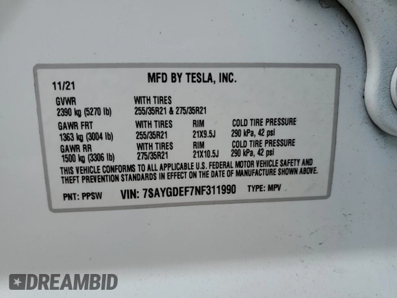 2022 Tesla Model Y Performance with VIN 7SAYGDEF7NF311990, listed as a Copart auction lot 43705395 with 25,651 mi miles and Salvage Title. Bid and sale history available at DreamBid. Image 14.