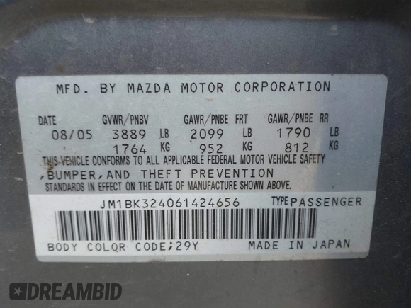 2006 Mazda 3 s z VIN JM1BK324061424656, wystawiony jako IAAI lot #42188589 z przebiegiem 120 295 mil mil oraz . Historia ofert i sprzedaży dostępna na DreamBid. Obrazek 9.
