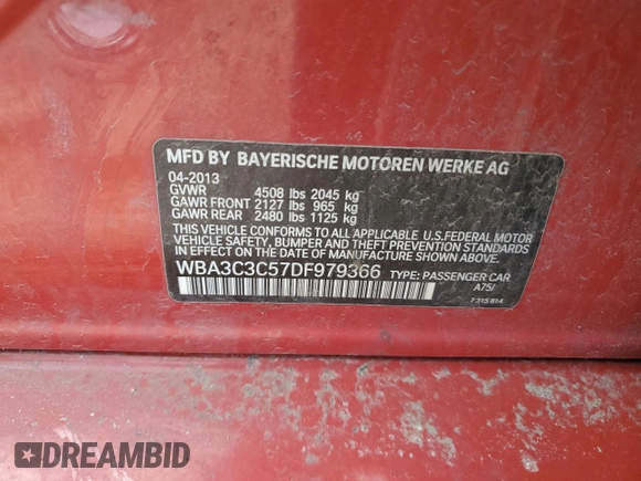 2013 BMW 3 Series 320i xDrive with VIN WBA3C3C57DF979366, listed as a Copart auction lot 52031525 with Not provided miles and Salvage title. Bid and sale history available at DreamBid. Image 13.