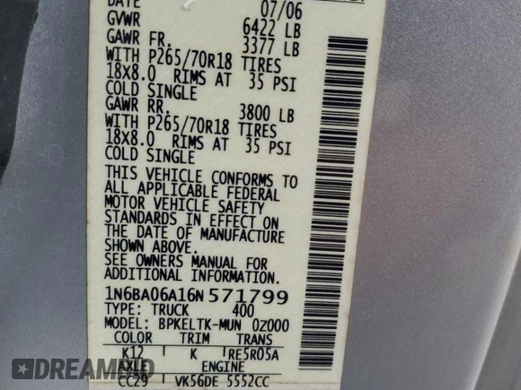 2006 Nissan Titan SE с VIN 1N6BA06A16N571799, выставлен на аукционе Copart как лот 46093745 с пробегом 118 019 миль миль и Списание • Salvage title. История ставок и продаж доступна на DreamBid. Изображение 12.