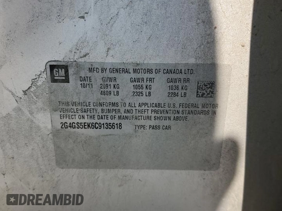 2012 Buick Regal Premium 1 with VIN 2G4GS5EK6C9135618, listed as a Copart auction lot 58575925 with 167,706 mi miles and Salvage title. Bid and sale history available at DreamBid. Image 12.