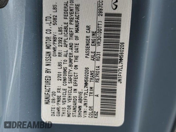 2021 Infiniti Q60 Red Sport 400 with VIN JN1FV7LL7MM560206, listed as a Copart auction lot 69141254 with 27,365 mi miles and Salvage title. Bid and sale history available at DreamBid. Image 13.