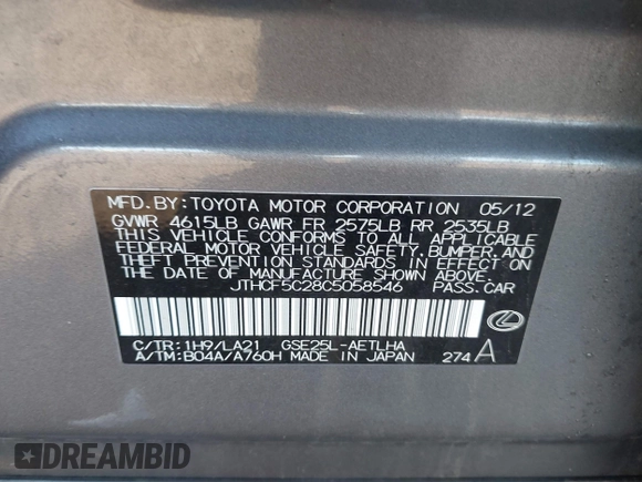2012 Lexus IS 250 with VIN JTHCF5C28C5058546, listed as a IAAI auction lot 41779480 with 106,992 mi miles and . Bid and sale history available at DreamBid. Image 9.