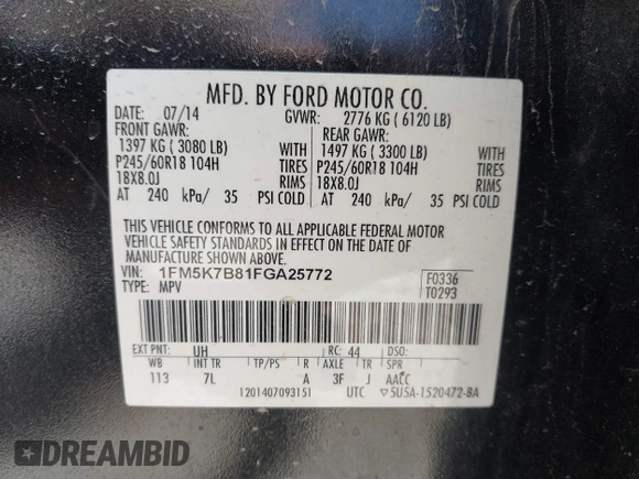 2015 Ford Explorer with VIN 1FM5K7B81FGA25772, listed as a IAAI auction lot 42048806 with 139,720 mi miles and . Bid and sale history available at DreamBid. Image 9.
