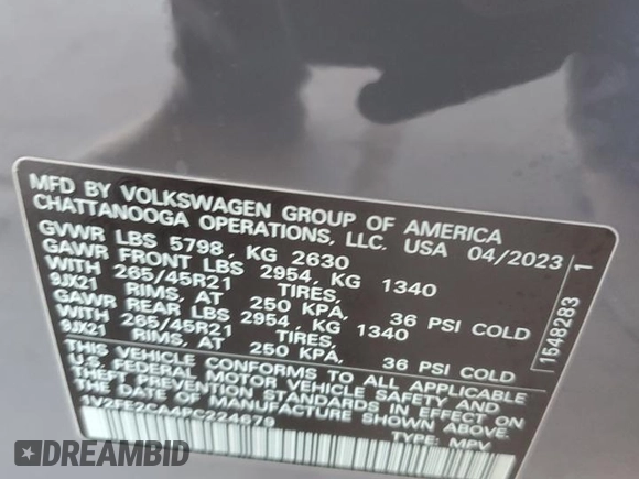 2023 Volkswagen Atlas SEL Premium R-Line z VIN 1V2FE2CA4PC224679, wystawiony jako Copart lot #83774634 z przebiegiem 5 661 mil mil oraz Szkoda całkowita • Salvage title. Historia ofert i sprzedaży dostępna na DreamBid. Obrazek 15.