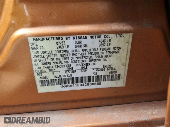 2004 Nissan Maxima SL with VIN 1N4BA41E34C838685, listed as a Copart auction lot 47985765 with 224,081 mi miles and Salvage Title. Bid and sale history available at DreamBid. Image 12.