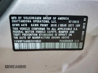 2013 Volkswagen Passat SE w/Sunroof with VIN 1VWBP7A38DC010542, listed as a Copart auction lot 46827375 with 82,160 mi miles and Salvage Title. Bid and sale history available at carsss.com. Image 12.