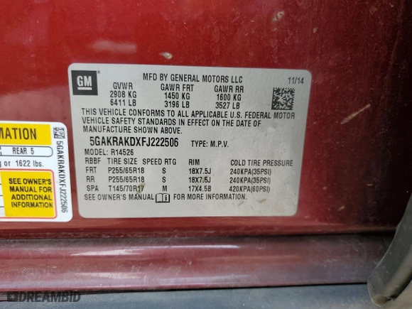 2015 Buick Enclave Convenience with VIN 5GAKRAKDXFJ222506, listed as a Copart auction lot 49017405 with 0 mi miles and Salvage Title. Bid and sale history available at carsss.com. Image 12.