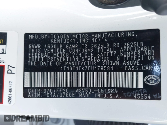 2015 Toyota Camry XLE z VIN 4T1BF1FK7FU478581, wystawiony jako IAAI lot #41827385 z przebiegiem 131 375 mil mil oraz . Historia ofert i sprzedaży dostępna na DreamBid. Obrazek 9.