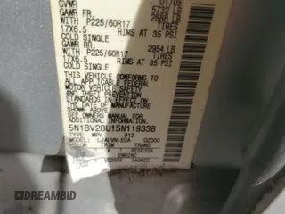 2005 Nissan Quest SE with VIN 5N1BV28U15N119338, listed as a Copart auction lot 87937285 with 231,963 mi miles and Salvage Title. Bid and sale history available at carsss.com. Image 13.