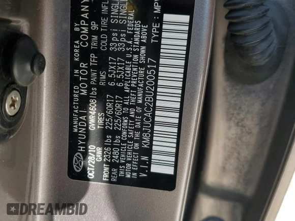 2011 Hyundai Tucson Limited with VIN KM8JUCAC2BU200517, listed as a Copart auction lot 53252005 with 158,502 mi miles and Salvage Title. Bid and sale history available at DreamBid. Image 13.