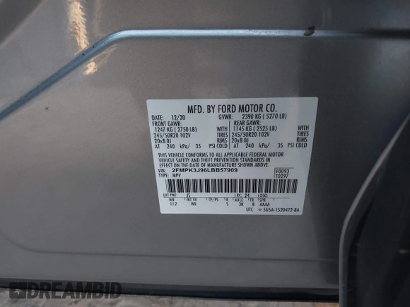 2020 Ford Edge SEL with VIN 2FMPK3J96LBB57909, listed as a IAAI auction lot 41432078 with 57,114 mi miles and . Bid and sale history available at DreamBid. Image 9.