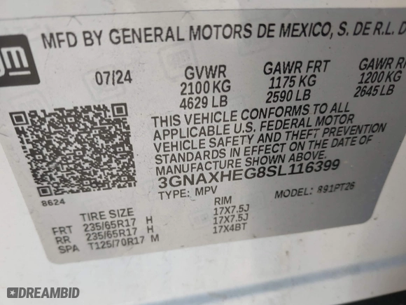 2025 Chevrolet Equinox FWD LT with VIN 3GNAXHEG8SL116399, listed as a IAAI auction lot 41305135 with 6,761 mi miles. Bid and sale history available at carsss.com. Image 9.