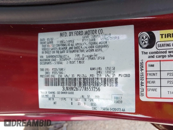 2007 Lincoln MKZ with VIN 3LNHM26T77R653256, listed as a IAAI auction lot 42419325 with 63,553 mi miles and . Bid and sale history available at DreamBid. Image 9.