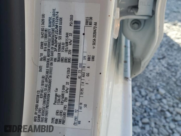 2018 Ford Fiesta S with VIN 3FADP4TJ2JM132674, listed as a Copart auction lot 87371674 with Not provided miles and Non repairable. Bid and sale history available at DreamBid. Image 12.